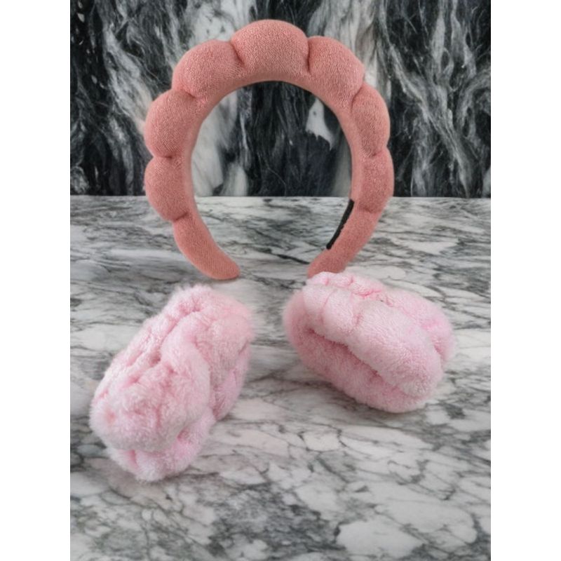 GENERICO - Diadema Cintillo + Muñequera Skincare Cabello Spa Color Rosa