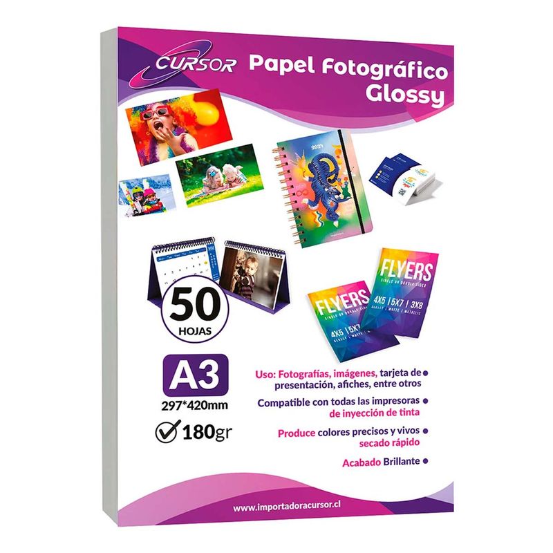 CURSOR - Papel fotografico Glossy A3 180G 50H CURSOR - Blanco - A3