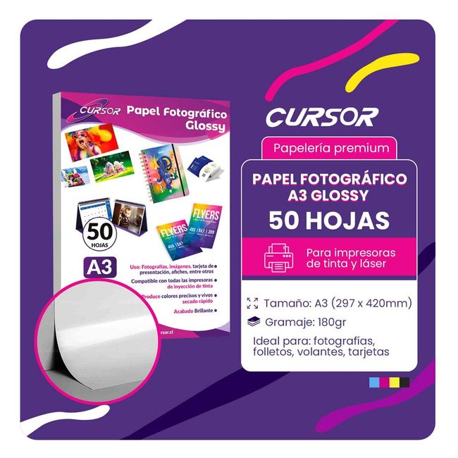 CURSOR - Papel fotografico Glossy A3 180G 50H CURSOR - Blanco