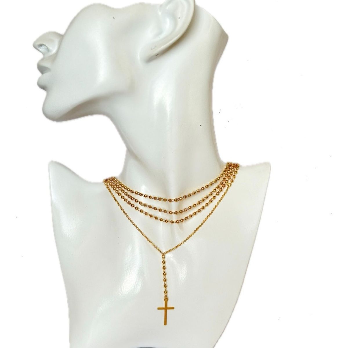 GENERICO - Collar Dama Rosario Triple Cruz Chapado Oro 24 Kl + Caja
