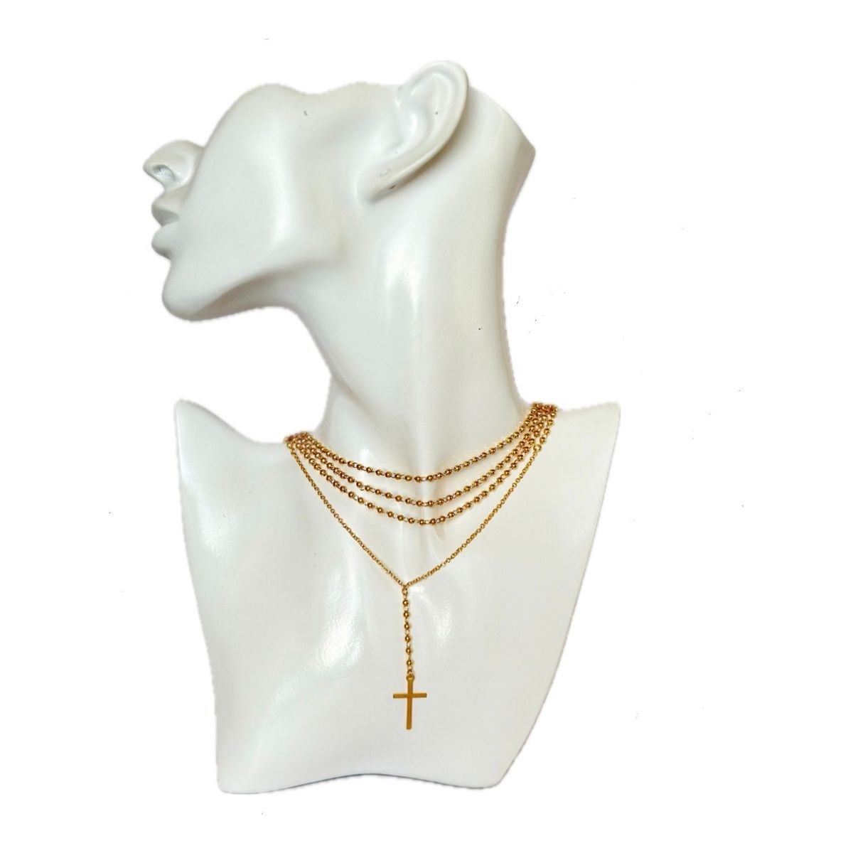 GENERICO - Collar Dama Rosario Triple Cruz Chapado Oro 24 Kl + Caja