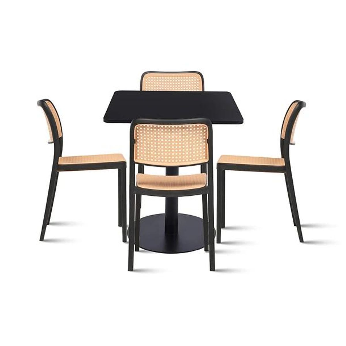 KLIK - Mesa restaurant 70x70 Tubo Metal cubierta MDF + 4 Sillas Hoffman Enrejada - Negra KLIK