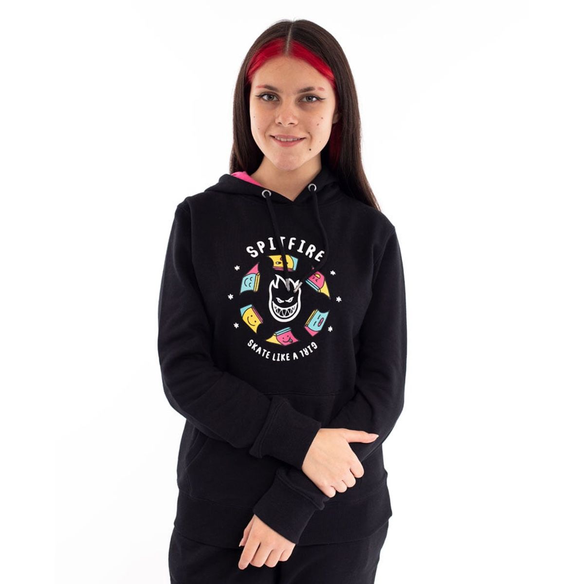 SPITFIRE - Polerón canguro con capucha para mujer spitfire 360 skate like a girl front negro