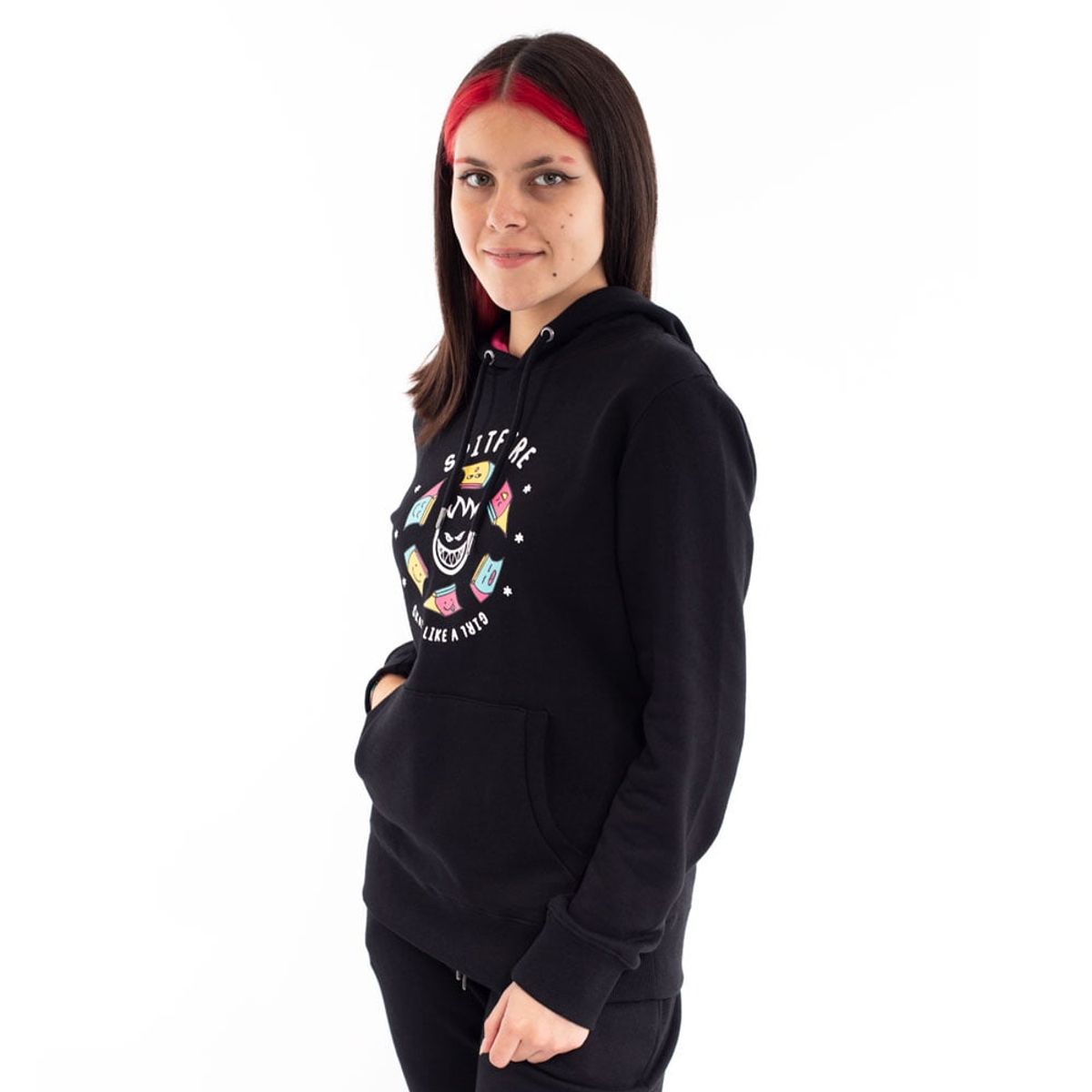 SPITFIRE - Polerón canguro con capucha para mujer spitfire 360 skate like a girl front negro