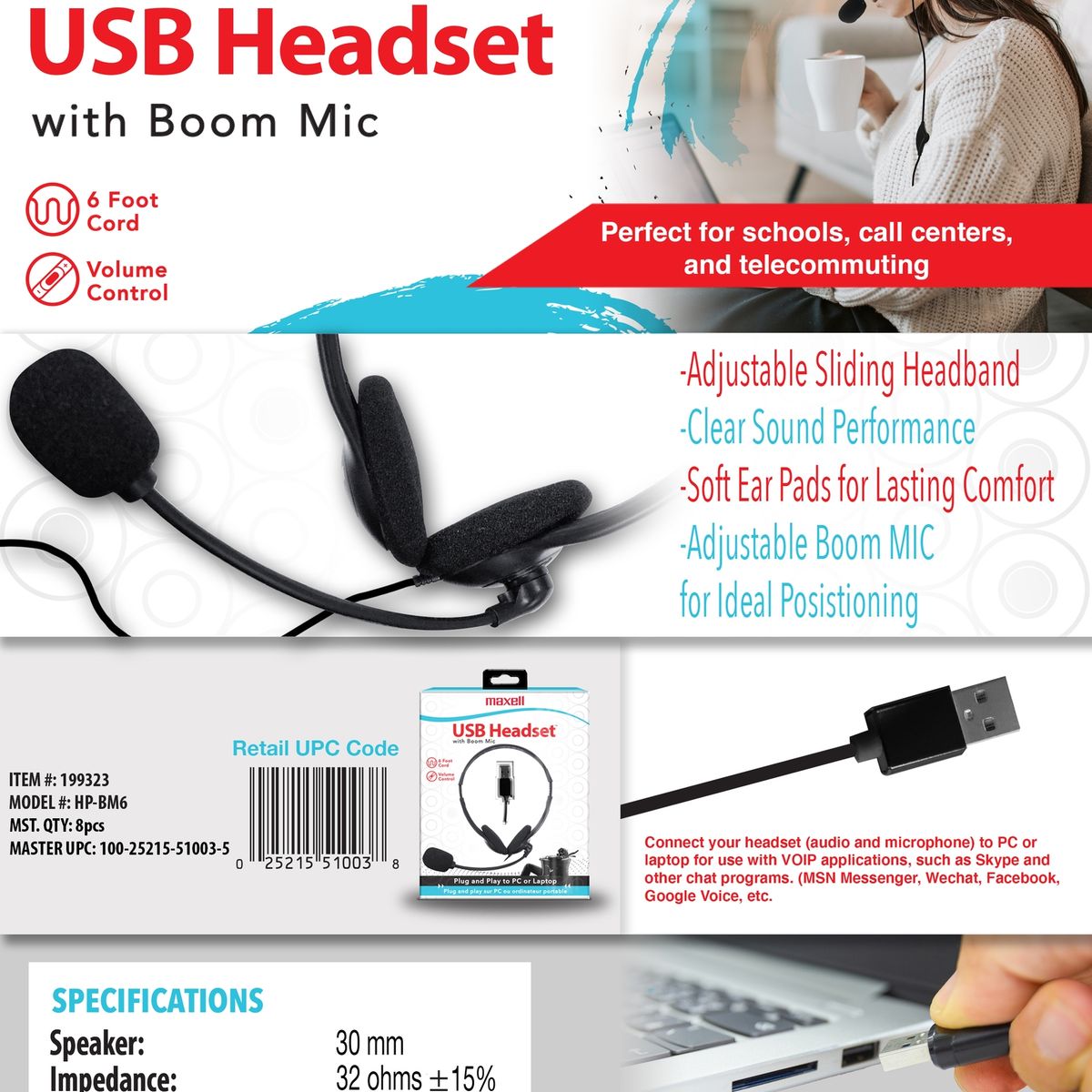 MAXELL - Audífonos Maxell Usb Con Microfono Control De Volumen 18Mts