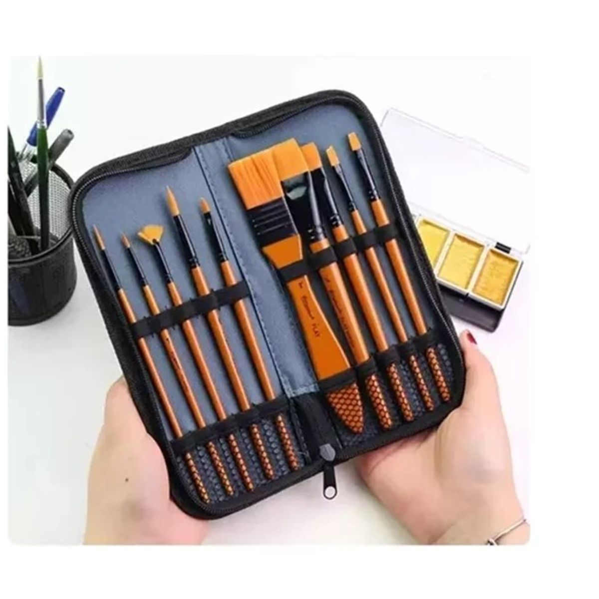 GENERICO - Set 10 Pinceles Profesionales + Bolso Óleo Acuarela Acrílico