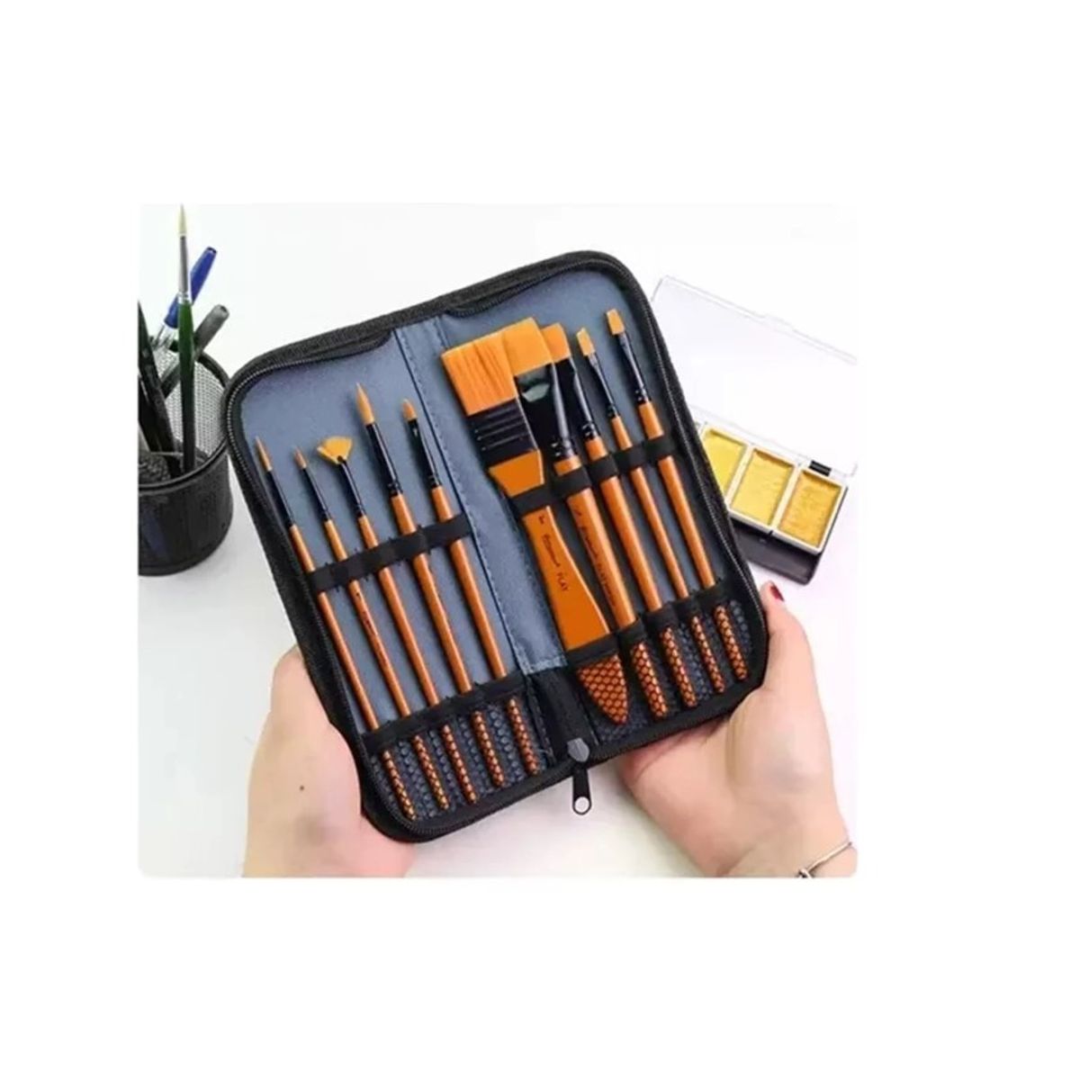 GENERICO - Set 10 Pinceles Profesionales + Bolso Óleo Acuarela Acrílico