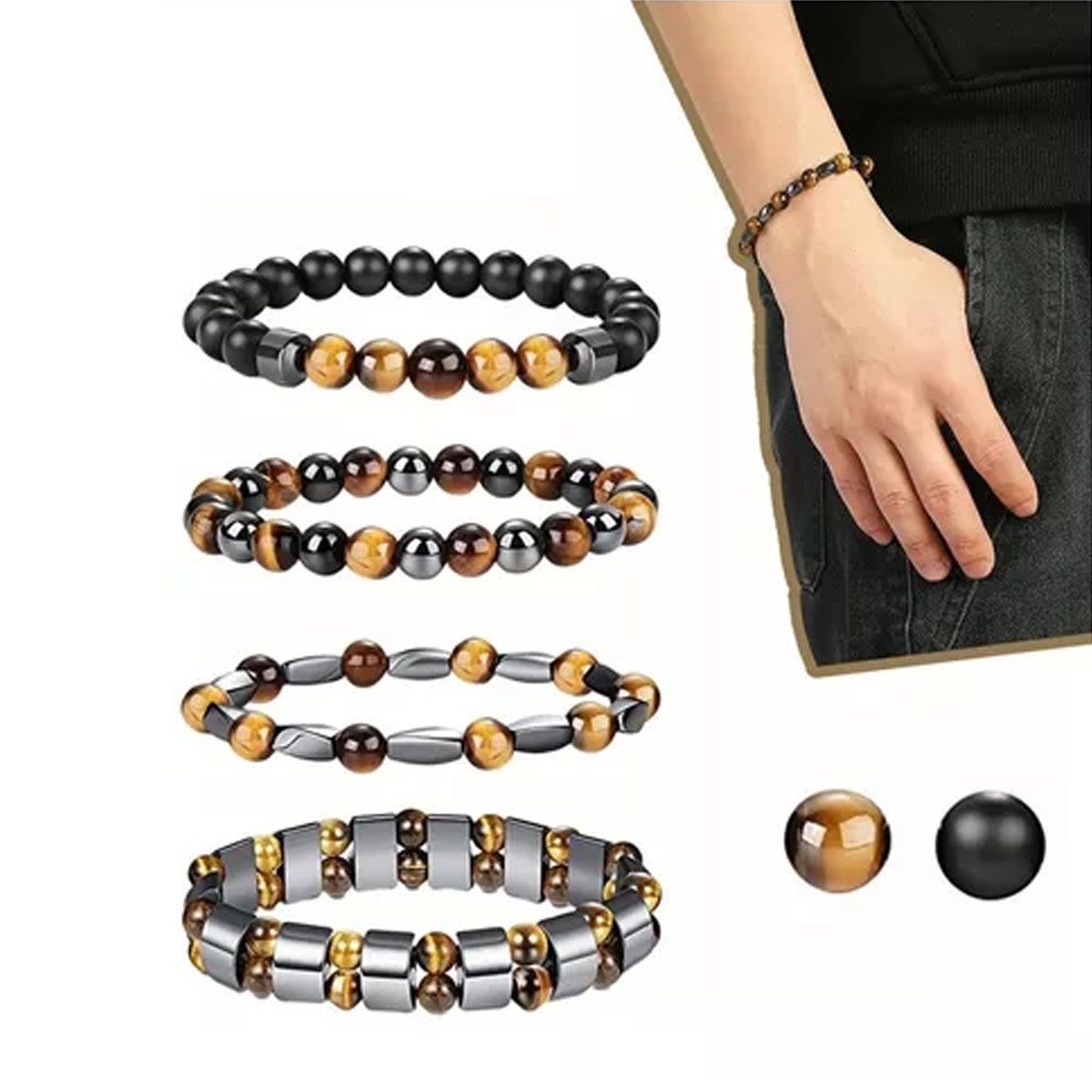 EDWINAYY - Pulsera Ojo De Tigre Para Hombre Y Mujer Con Piedras Natural 4pk