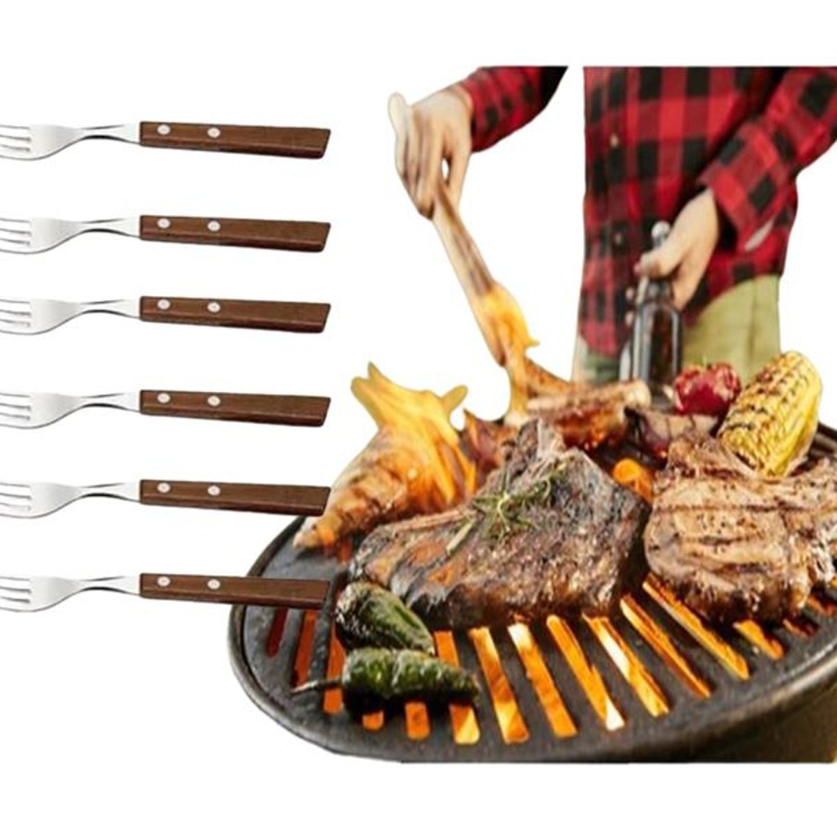 GENERICO - Set 6 Tenedores Acero Inoxidable Cubiertos Madera Asados