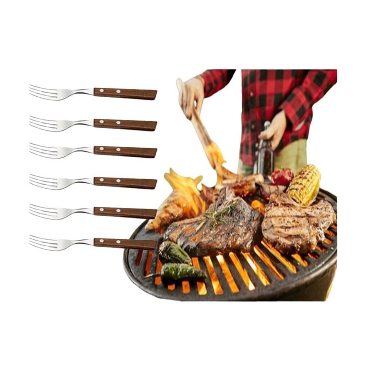 GENERICO - Set 6 Tenedores Acero Inoxidable Cubiertos Madera Asados