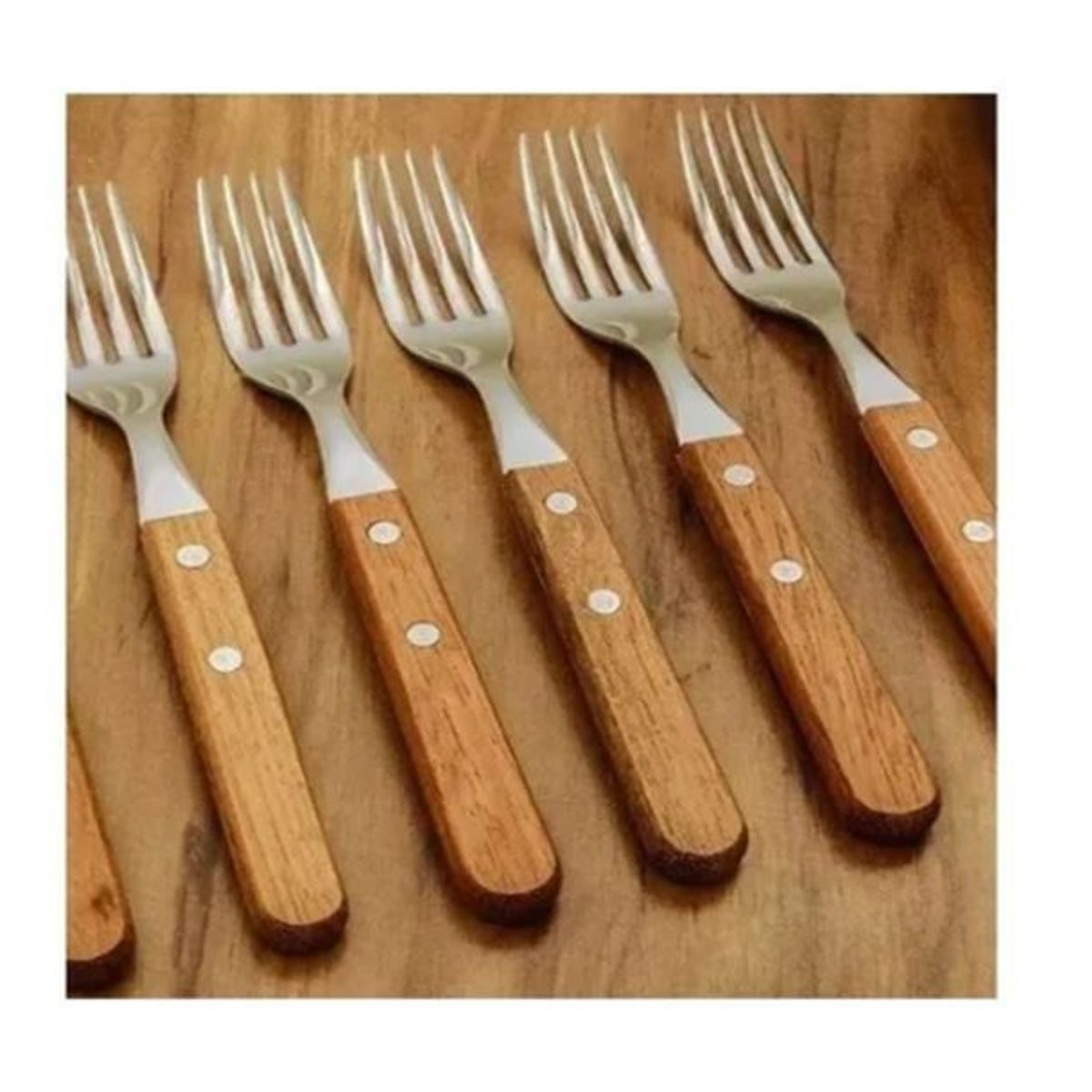 GENERICO - Set 6 Tenedores Acero Inoxidable Cubiertos Madera Asados