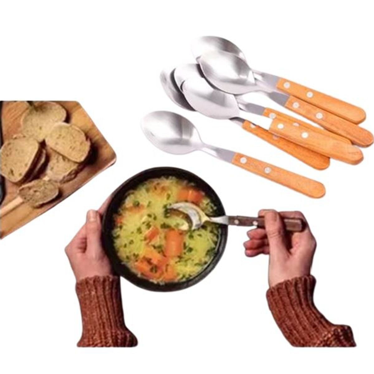 STAINLESS STEEL - Set 6 Cucharas Acero Inoxidable Cubiertos Madera Cocina