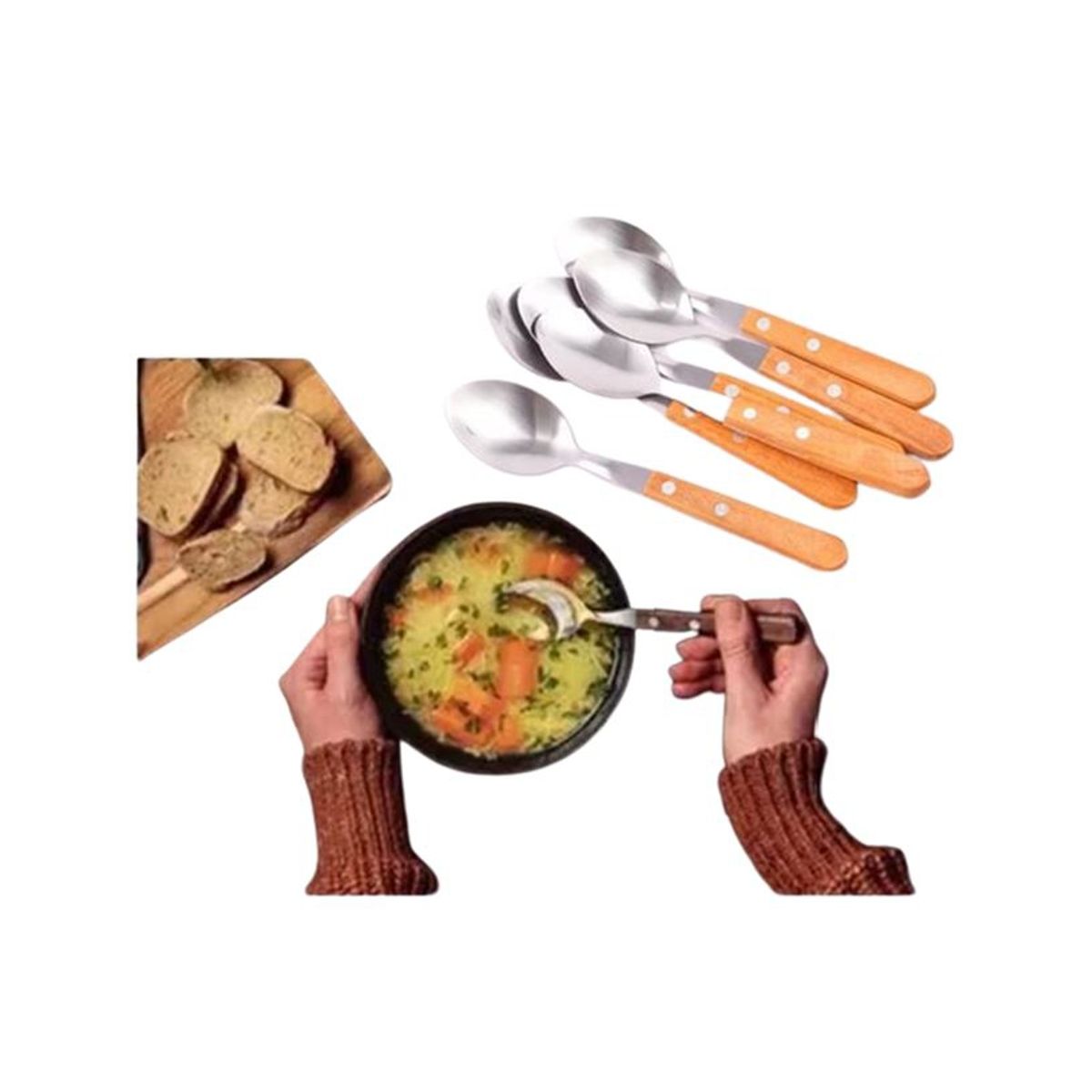 STAINLESS STEEL - Set 6 Cucharas Acero Inoxidable Cubiertos Madera Cocina