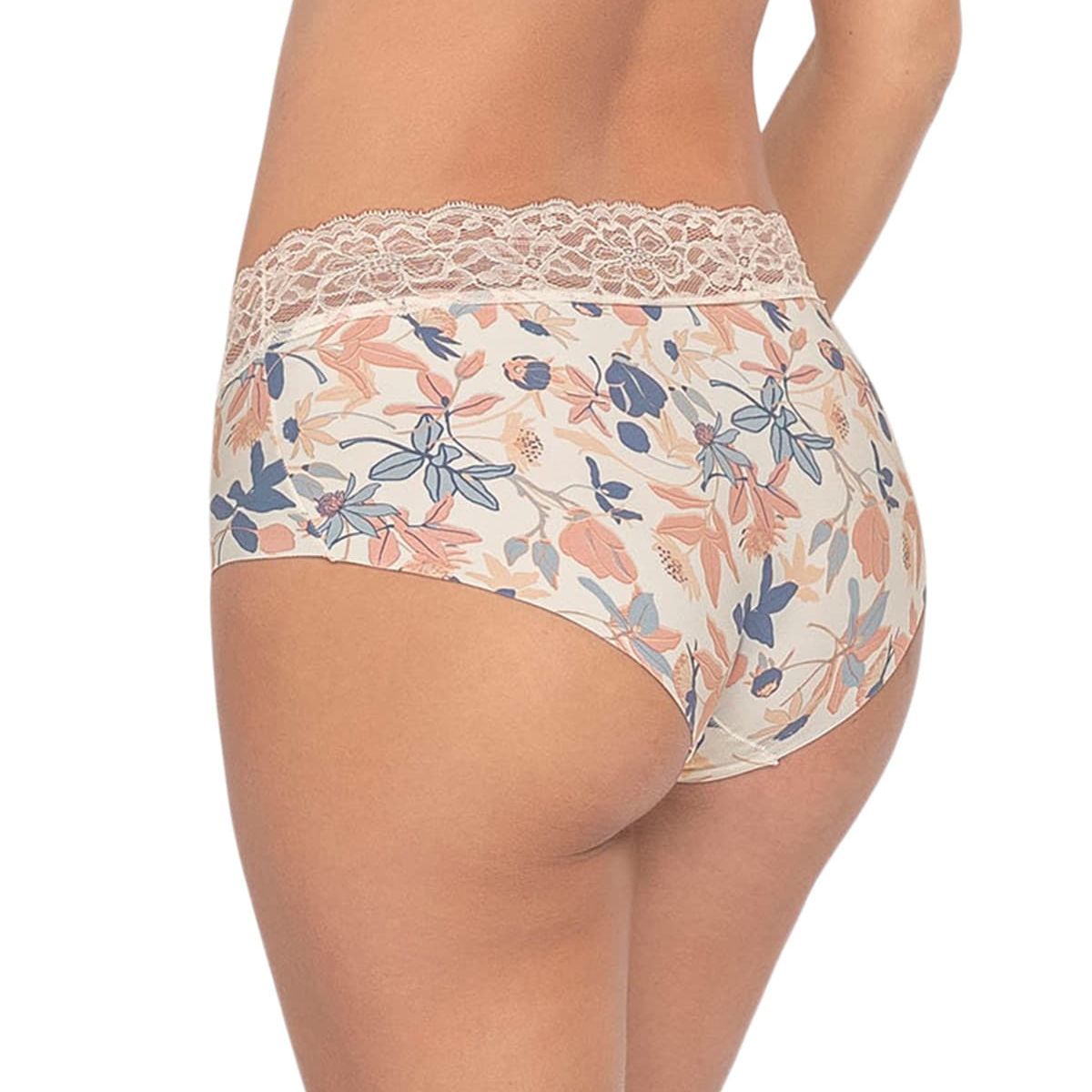 LEONISA - Calzón pantaleta en tela ultraliviana con franja de encaje 012960 Perla Estampado Flores