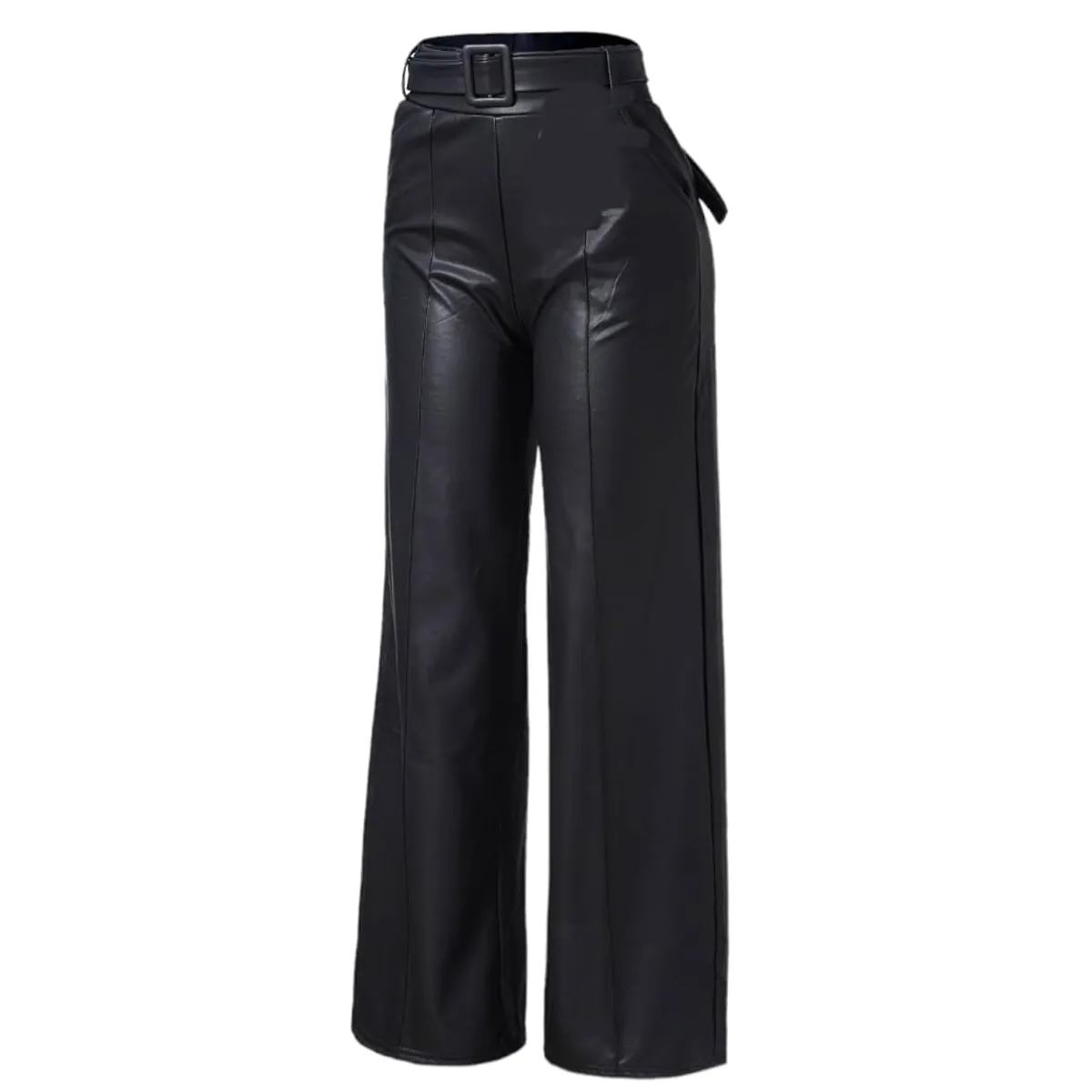 AGW - Pantalón Mujer Polar Ecocuero Pata elefante con Cinturón