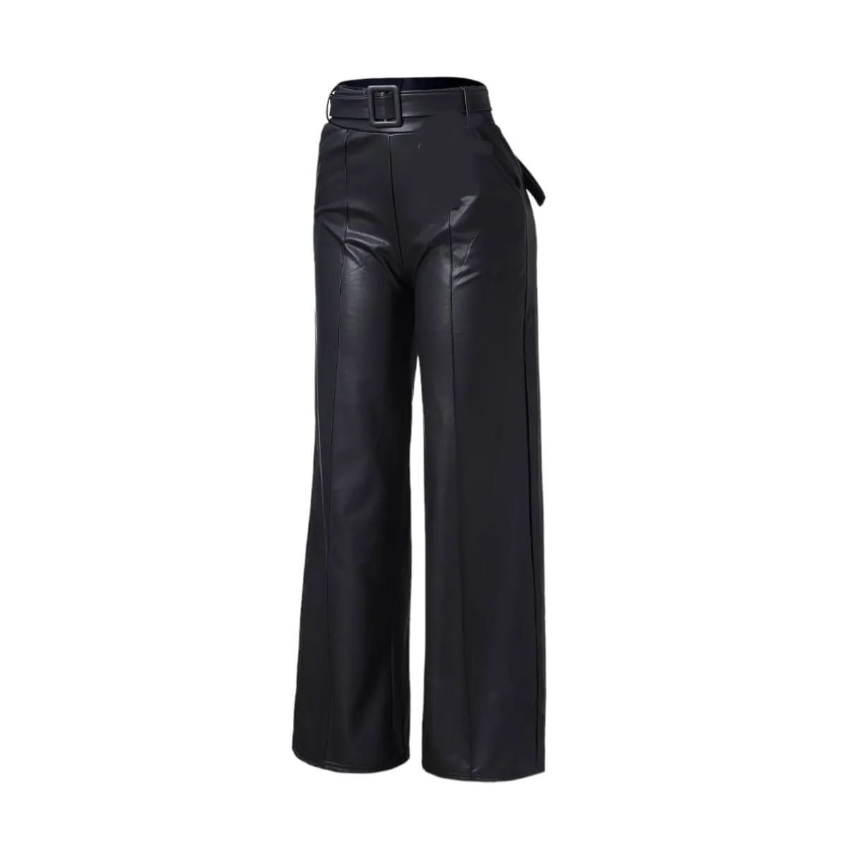 AGW - Pantalón Mujer Polar Ecocuero Pata elefante con Cinturón