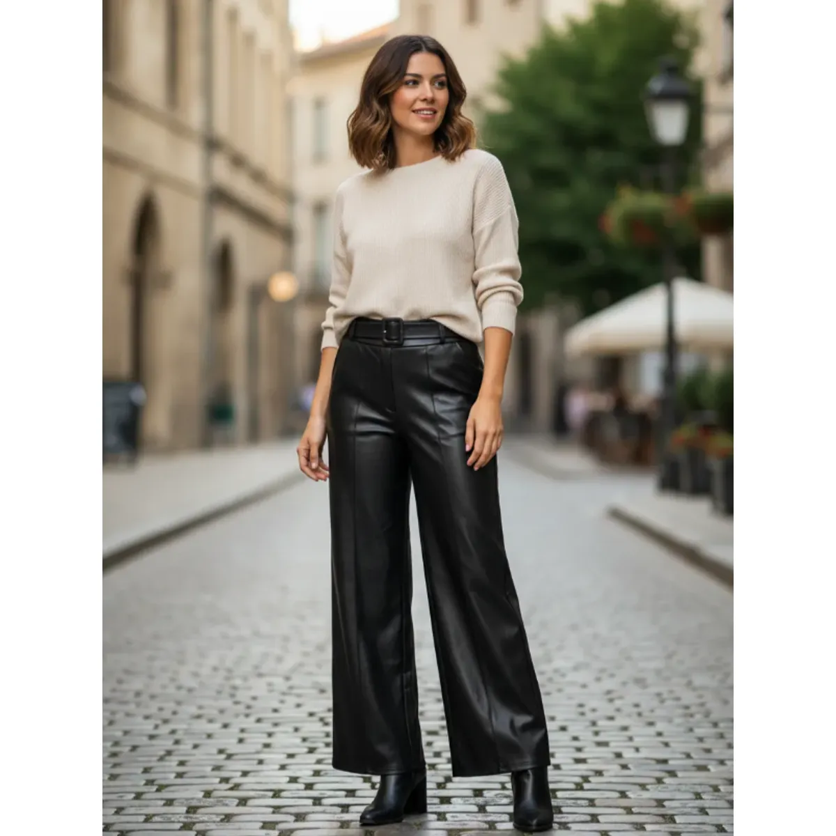 AGW - Pantalón Mujer  Ecocuero Pata elefante con Cinturón