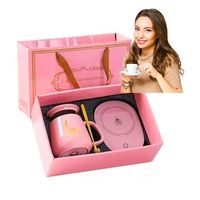 Set Taza De Café Rosa + Calentador Eléctrico + Cuchara Regalo