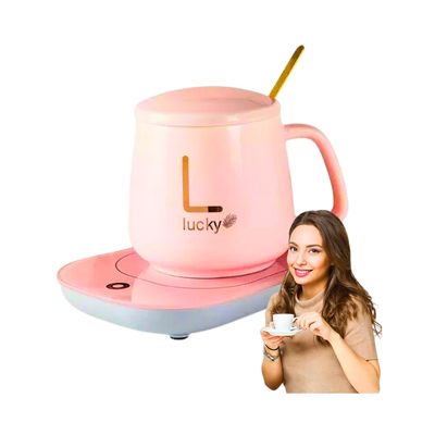 Imagen 2 del producto Set Taza De Café Rosa + Calentador Eléctrico + Cuchara Regalo