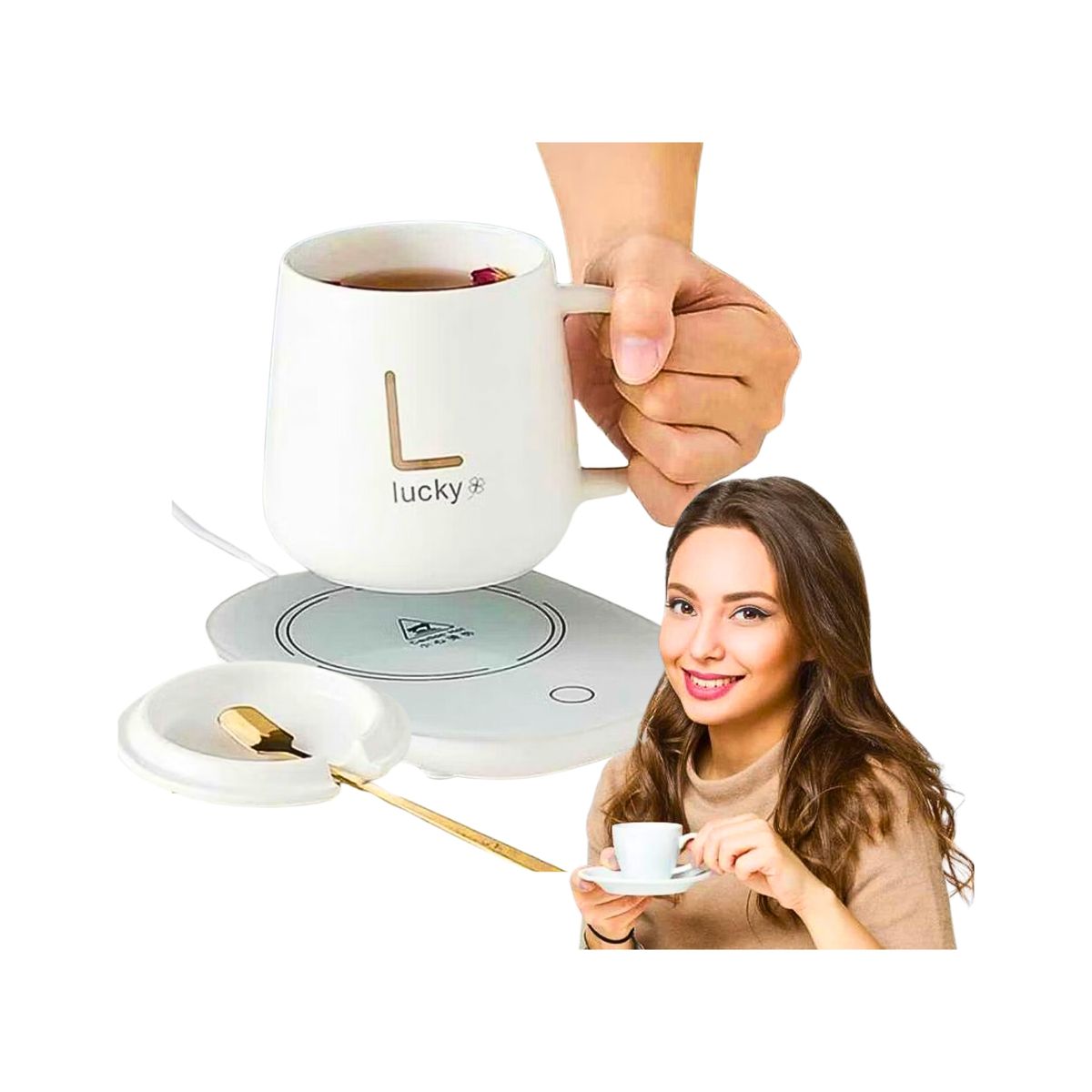 GENERICO - Set Taza De Café Blanco + Calentador Eléctrico + Cuchara - Regalo