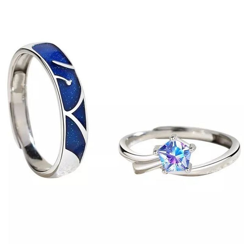 KUANGYE - Anillos Compromiso Promesa Pareja Bañado en plata Mar Estrellado