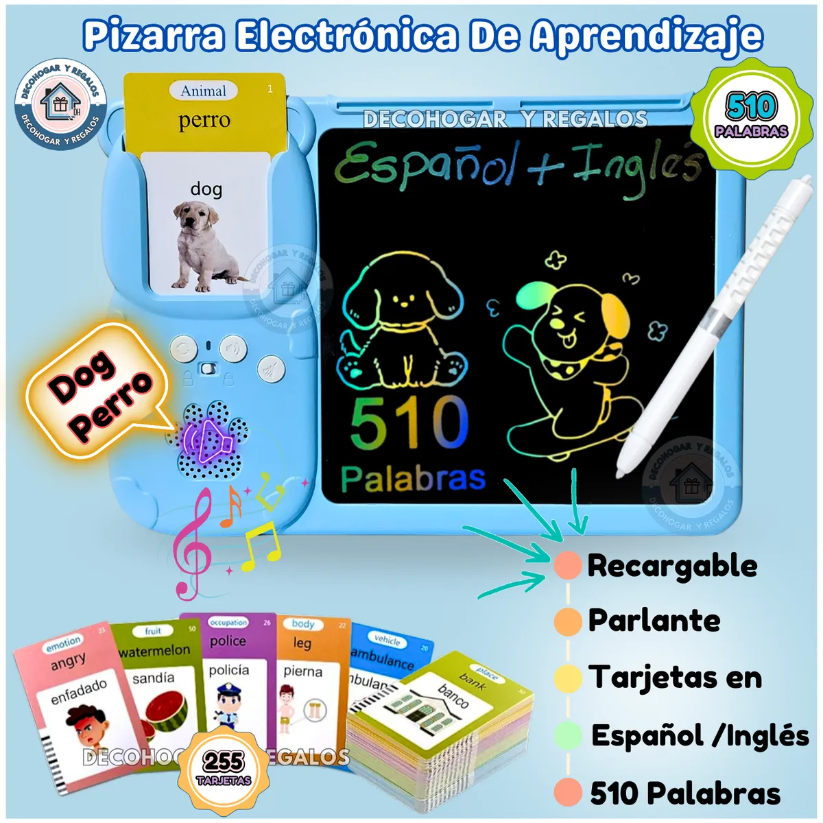GENERICO - Juguete Pizarra Didáctica Tarjetas de Aprendizaje Niños 510 Palabras