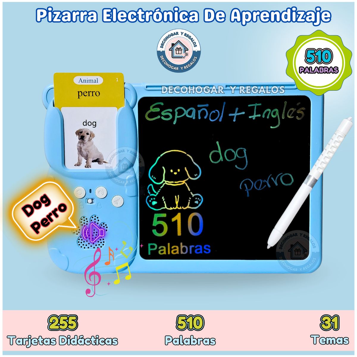 GENERICO - Juguete Pizarra Didáctica Tarjetas de Aprendizaje Niños 510 Palabras