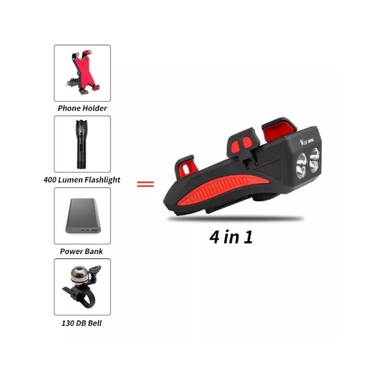 GENERICO - Luz Bicicleta Led Delantera Bocina Powerbank Porta Telefono