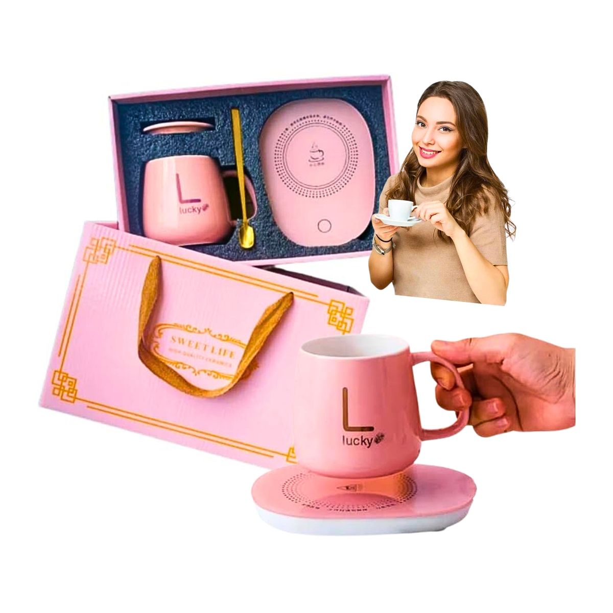 GENERICO - Set Taza De Café Rosa + Calentador Eléctrico + Cuchara