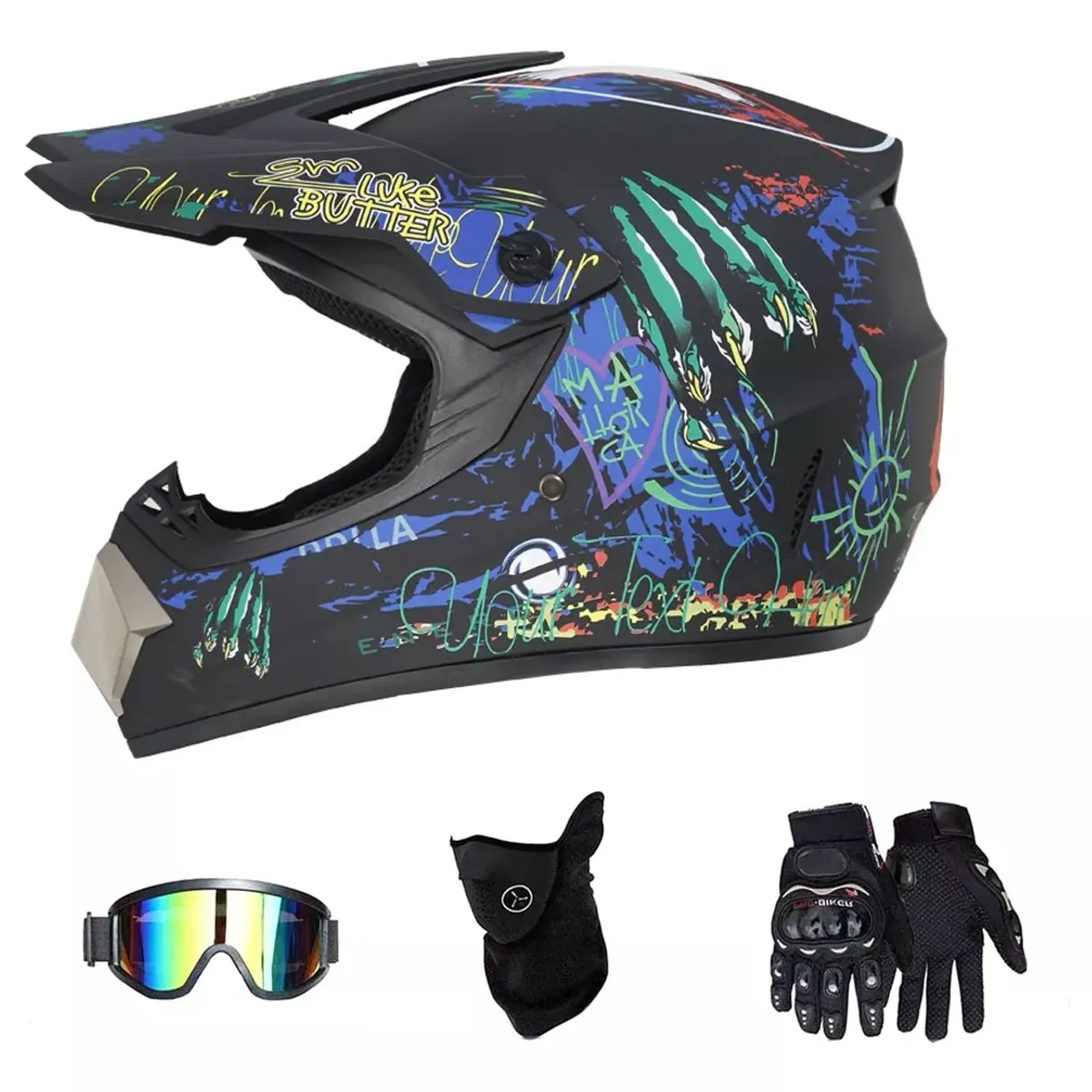 GENERICO - Casco De Moto Diseño De Graffiti Con Guantes Gafas Máscara