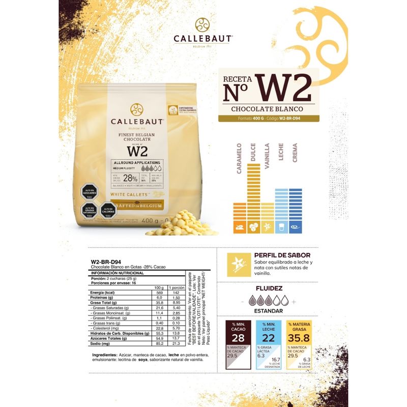 CALLEBAUT - Chocolate Belga Callebaut Blanco N°w2 28 Cacao 400grs