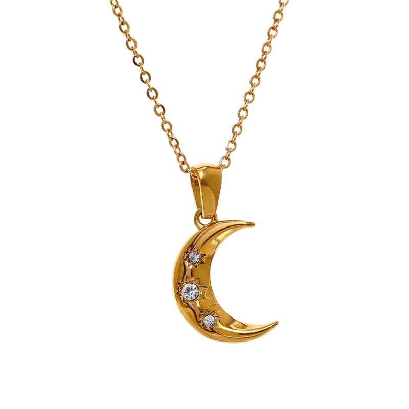 LUXURYJOYAS - Collar Media Luna Oro 18kt Bañado Diamantes Mujer