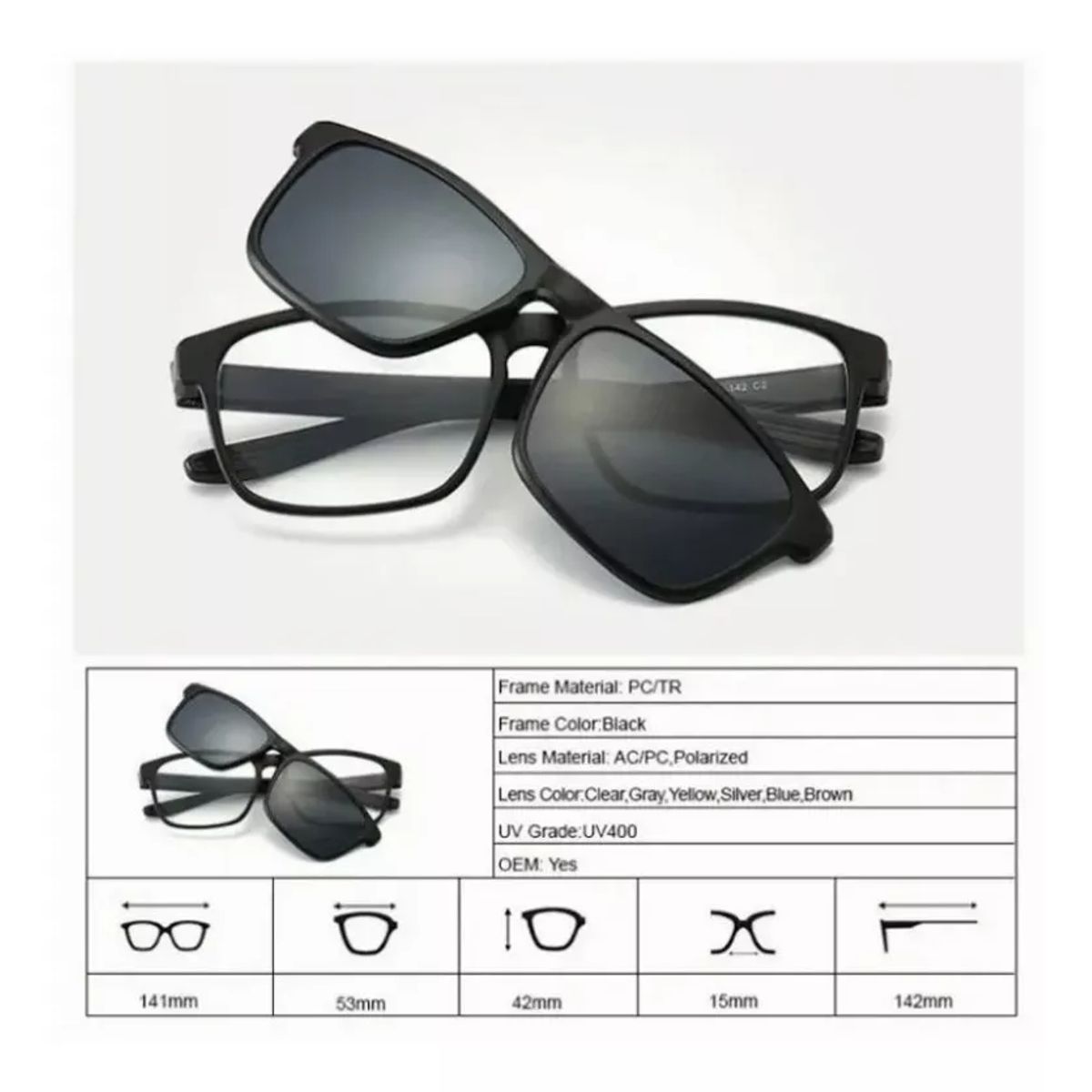 GENERICO - Marco Óptico Rectangular + 5 Clip Sobrelentes Para El Sol