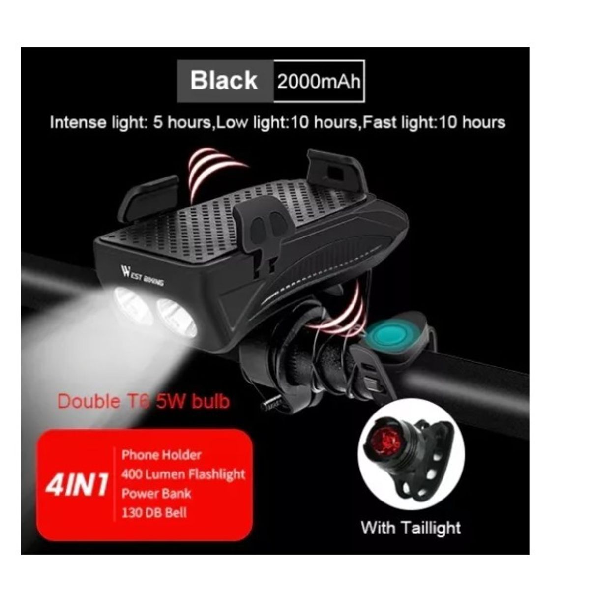 GENERICO - Luz Bocina Bicicleta Foco Power Bank Y Soporte Celular Usb