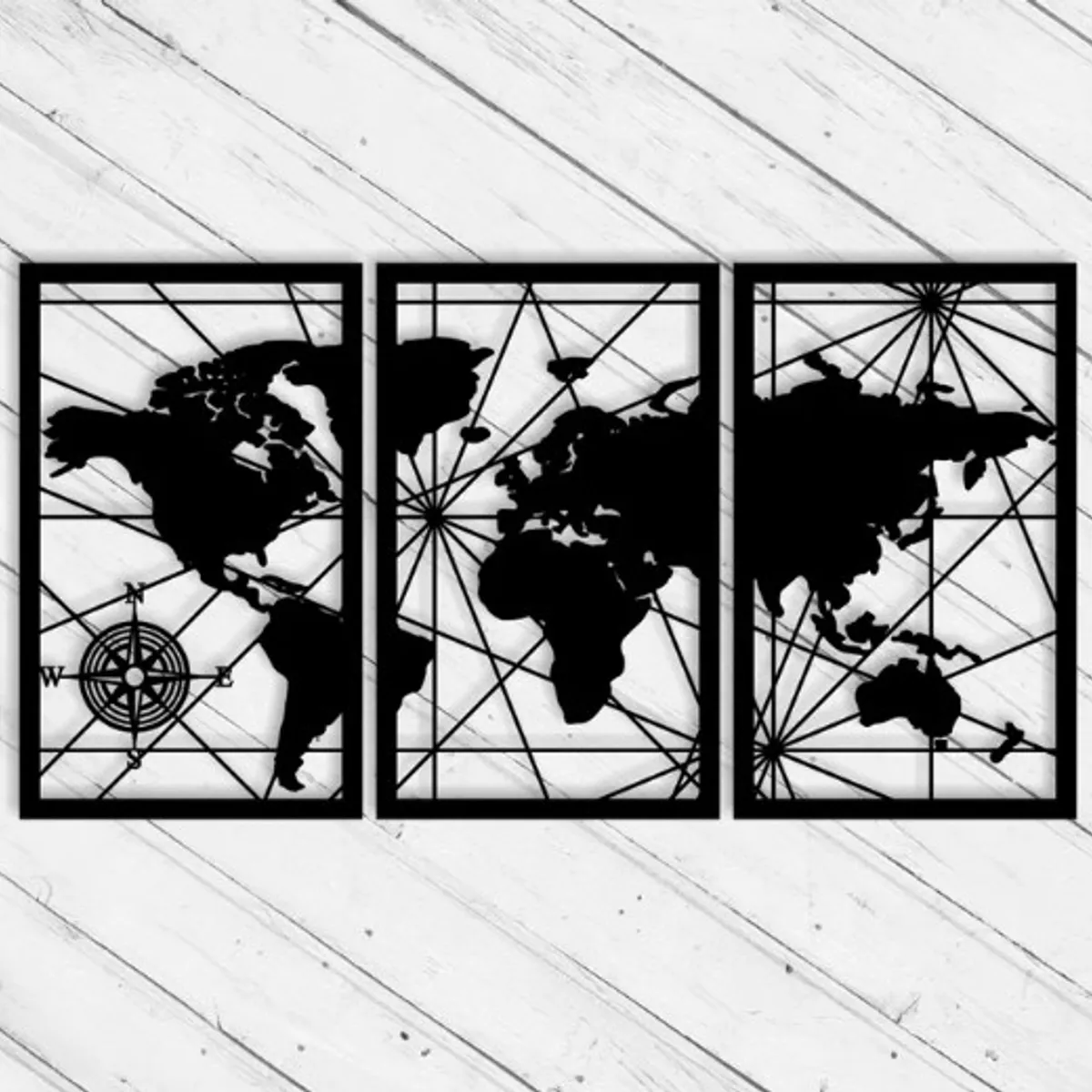 GENERICO - Set De Cuadros Tríptico Mapamundi 35x60 Cm Cu En Madera Mdf
