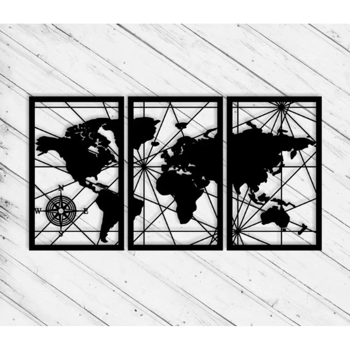 GENERICO - Set De Cuadros Tríptico Mapamundi 35x60 Cm Cu En Madera Mdf