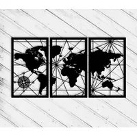 Set De Cuadros Tríptico Mapamundi 35x60 Cm Cu En Madera Mdf