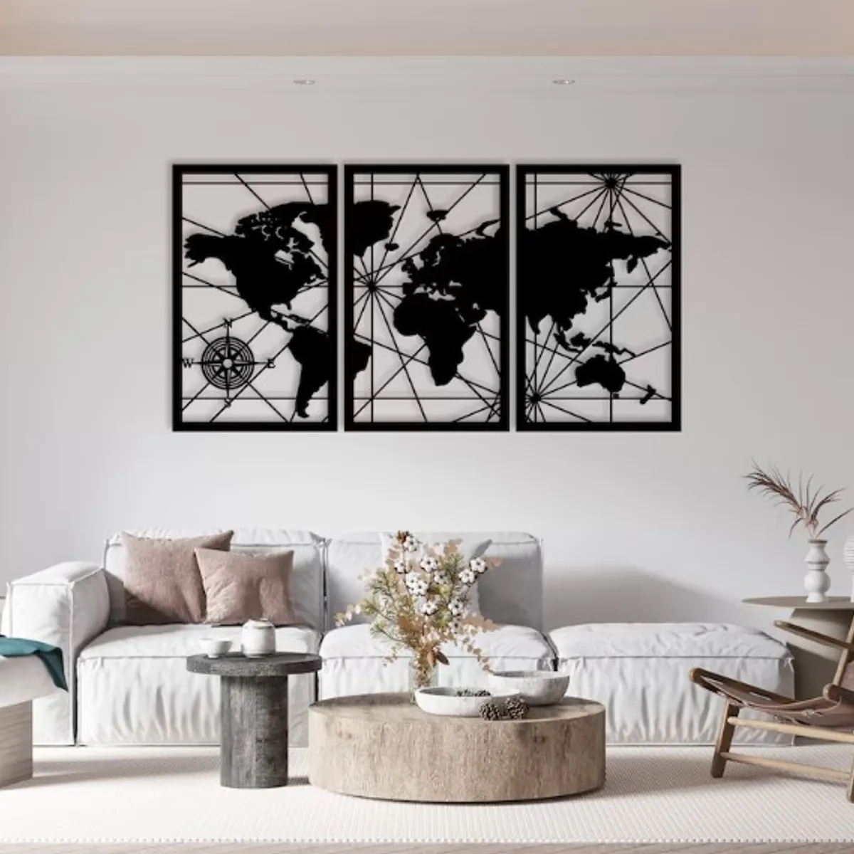 GENERICO - Set De Cuadros Tríptico Mapamundi 35x60 Cm Cu En Madera Mdf