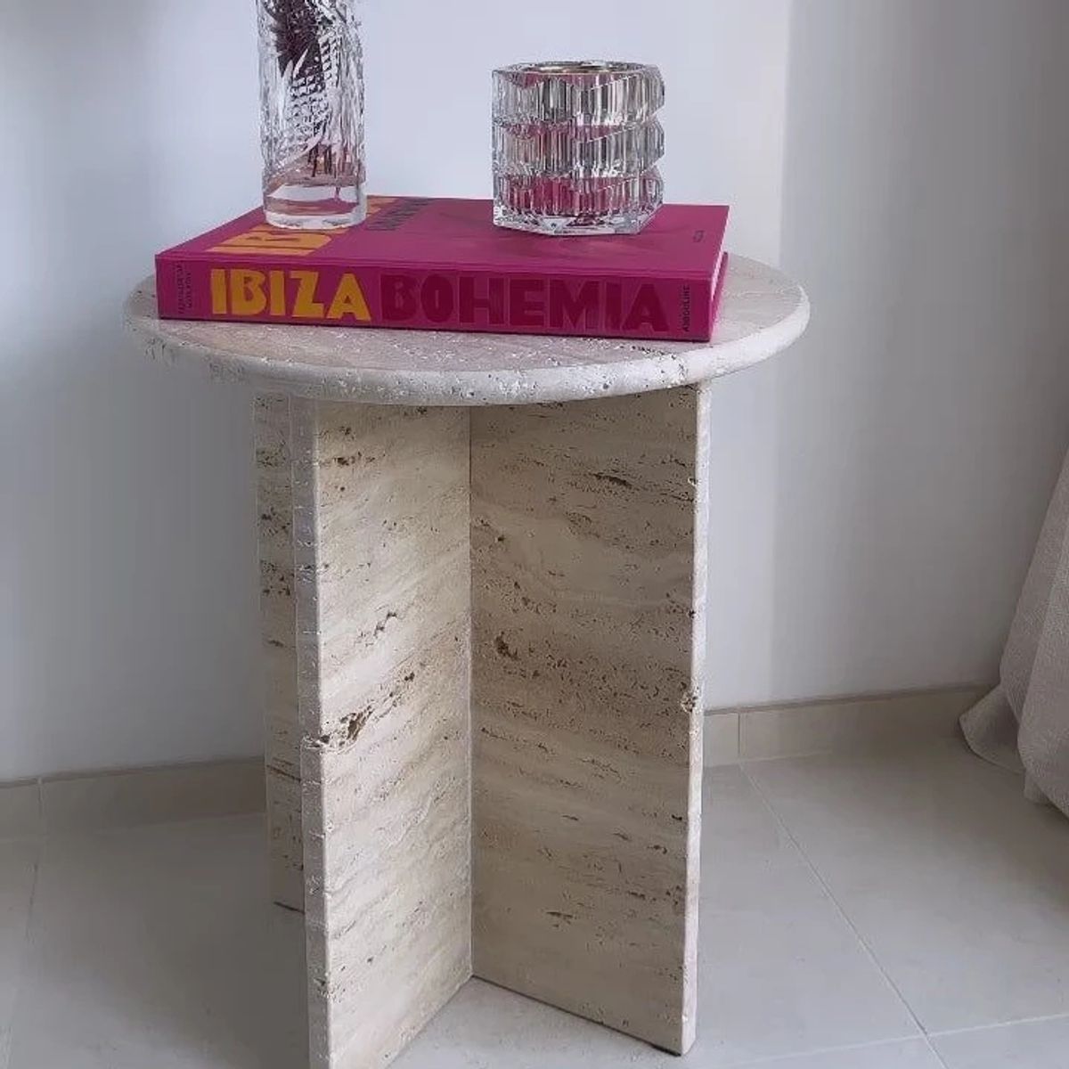 GENERICO - Mesa lateral mármol travertino rústico diseño moderno 45 cm - Viatto