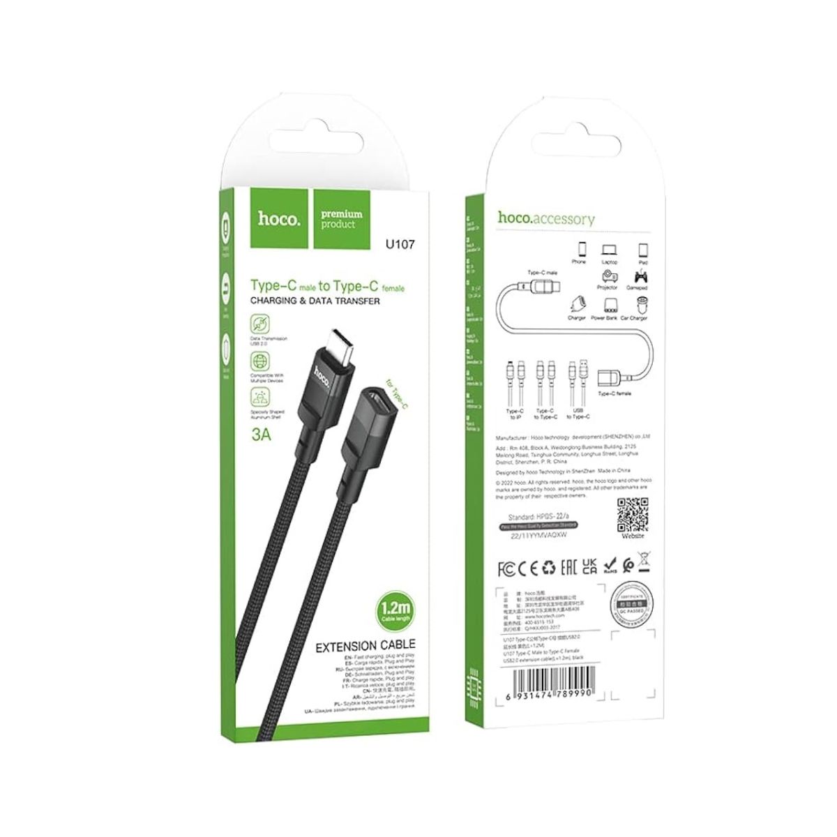 HOCO - CABLE EXTENSOR USB C NEGRO