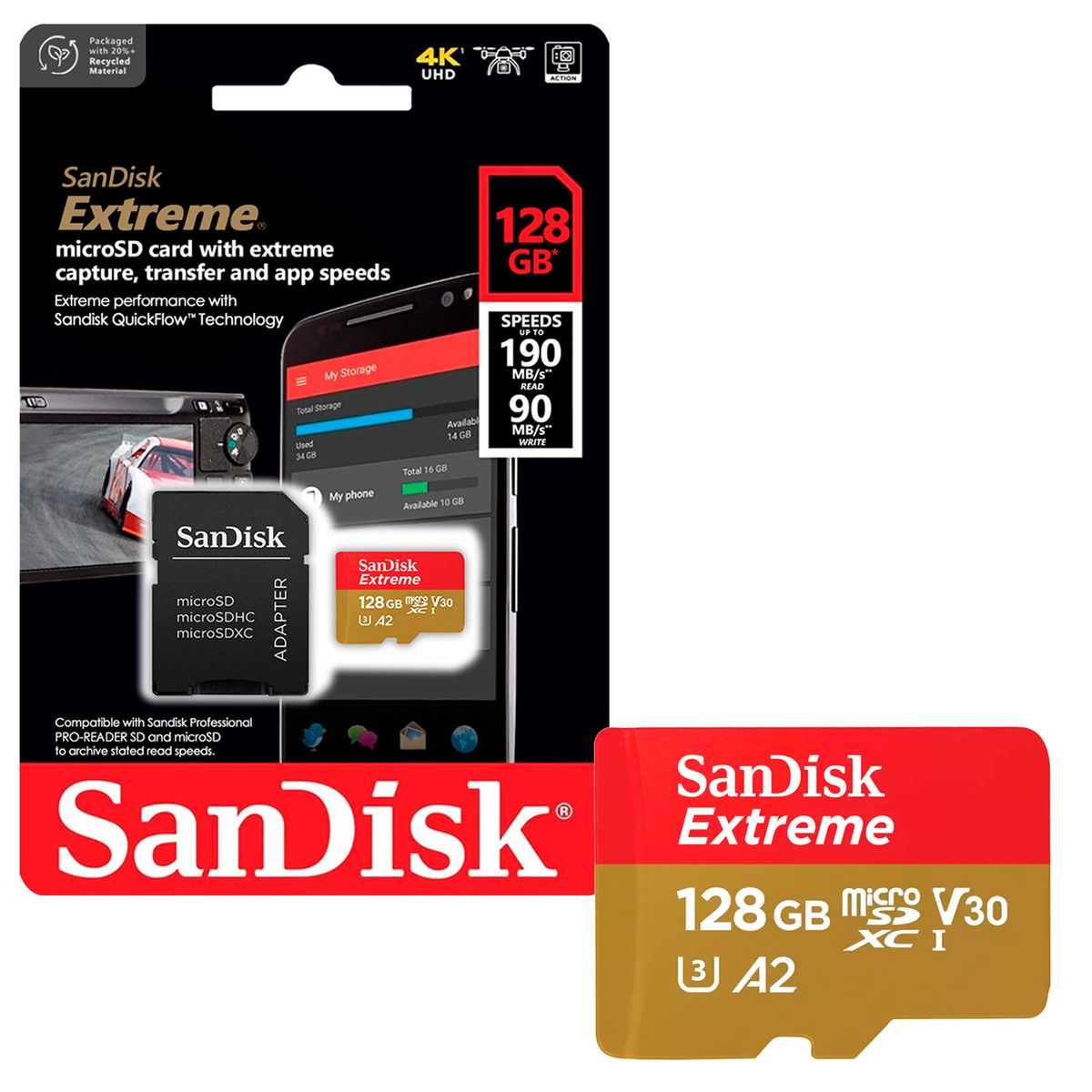SANDISK - Tarjeta de Memoria MicroSD SanDisk 128GB + Adaptador 190MB/s