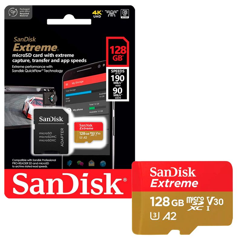 SANDISK - Tarjeta de Memoria MicroSD SanDisk 128GB + Adaptador 190MB/s.