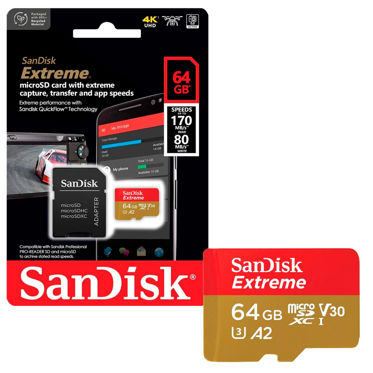 SANDISK - Tarjeta de Memoria MicroSD SanDisk 64GB + Adaptador 170MB/s