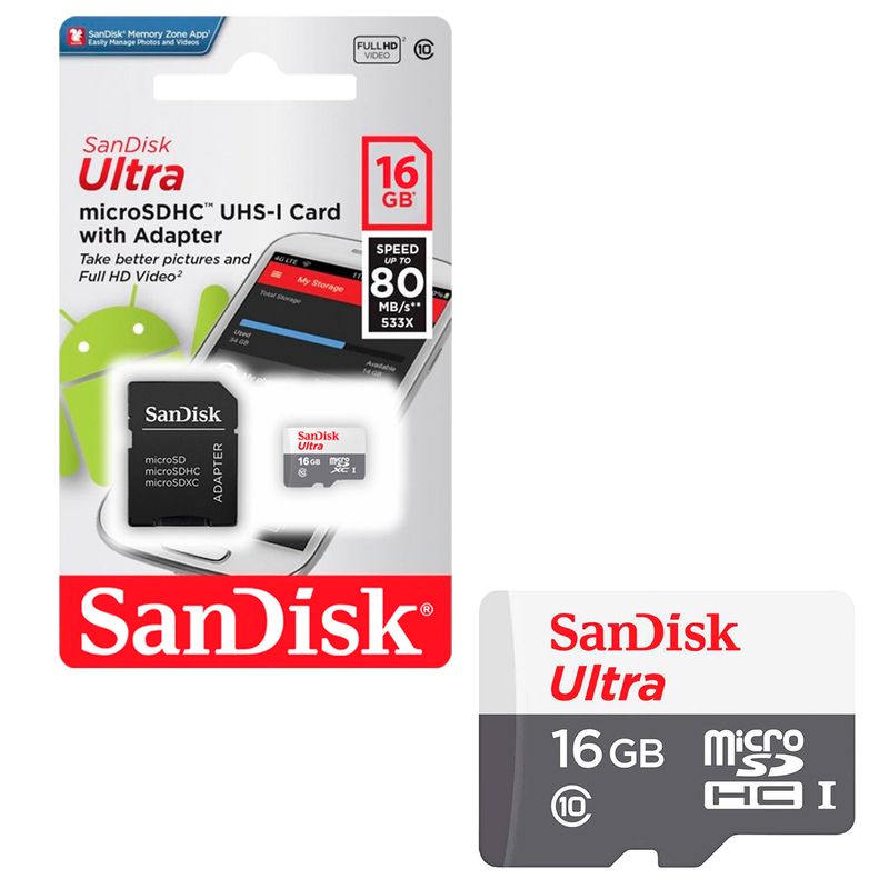 SANDISK - Tarjeta de Memoria MicroSD SanDisk 16GB + Adaptador 80MB/s