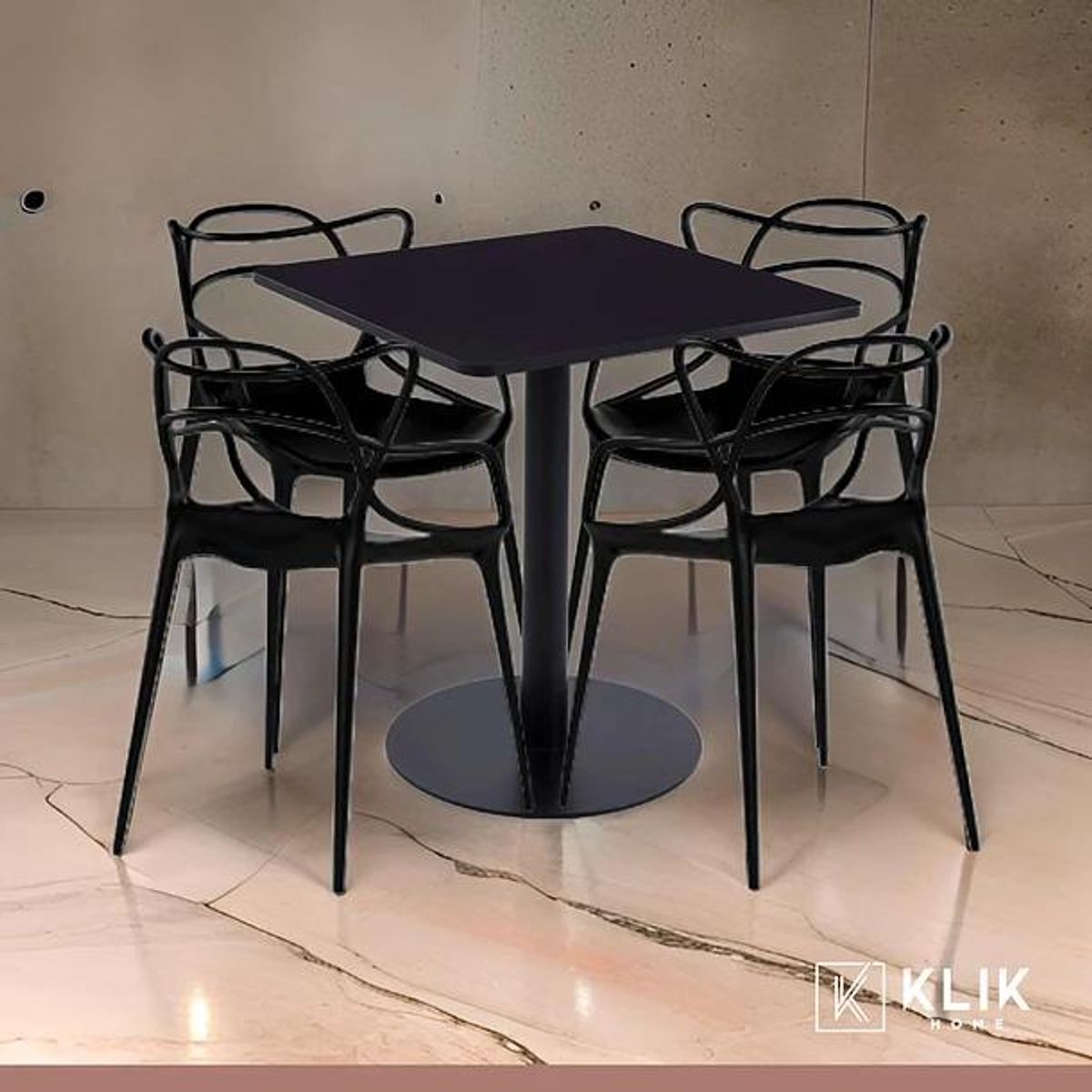 KLIK - Mesa restaurant 70x70 Tubo Metal cubierta MDF + 4 Sillas Master Negras KLIK