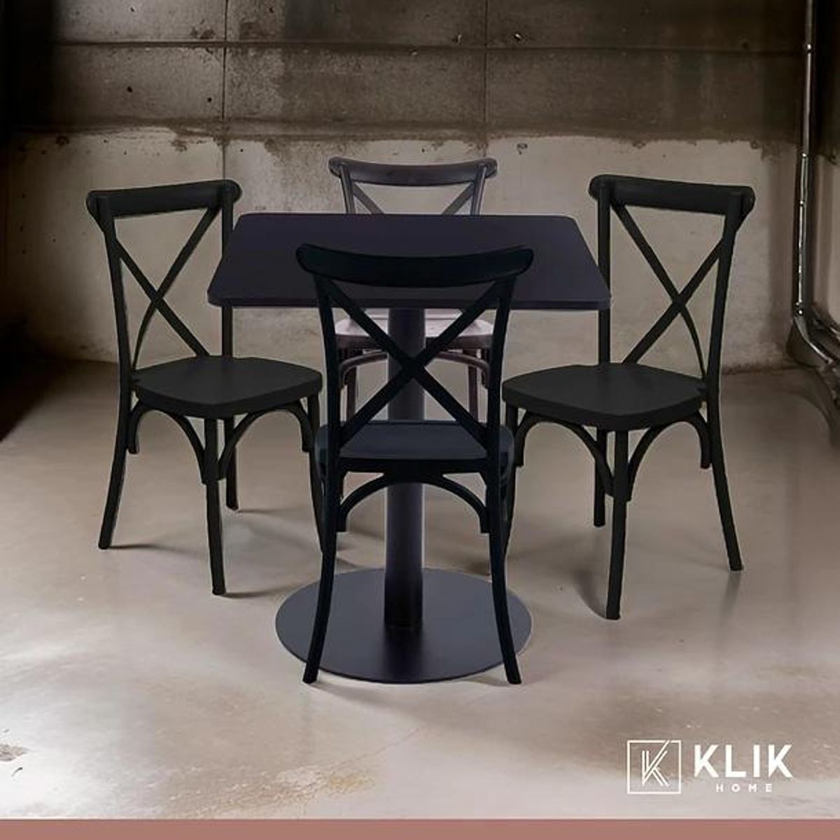 KLIK - Comedor 70x70 Tubo Metal cubierta MDF + 4 Silla Crossback Danubio Negr