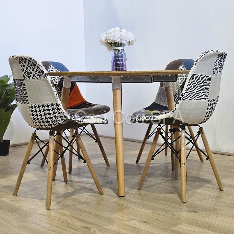 CORI CORI - Juego de Comedor Expandible (100-140-180CM) + 4 Sillas Patchwork Chess