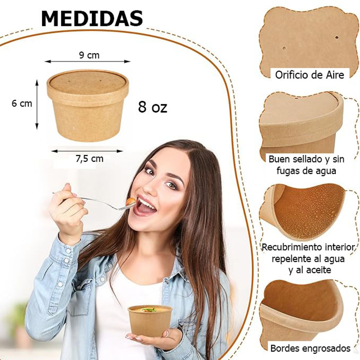 GENERICO - Pote Kraft Desechable Con Tapa 8oz 236ml 100 Unidades