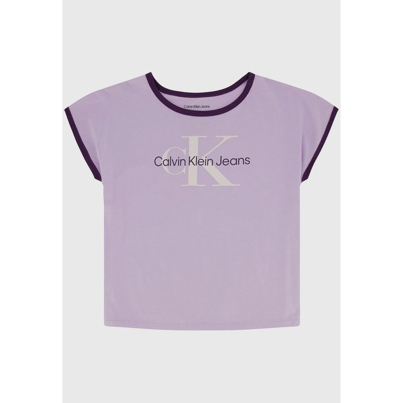 CALVIN KLEIN - Polera Niña Ringer Monogram Lila Calvin Klein