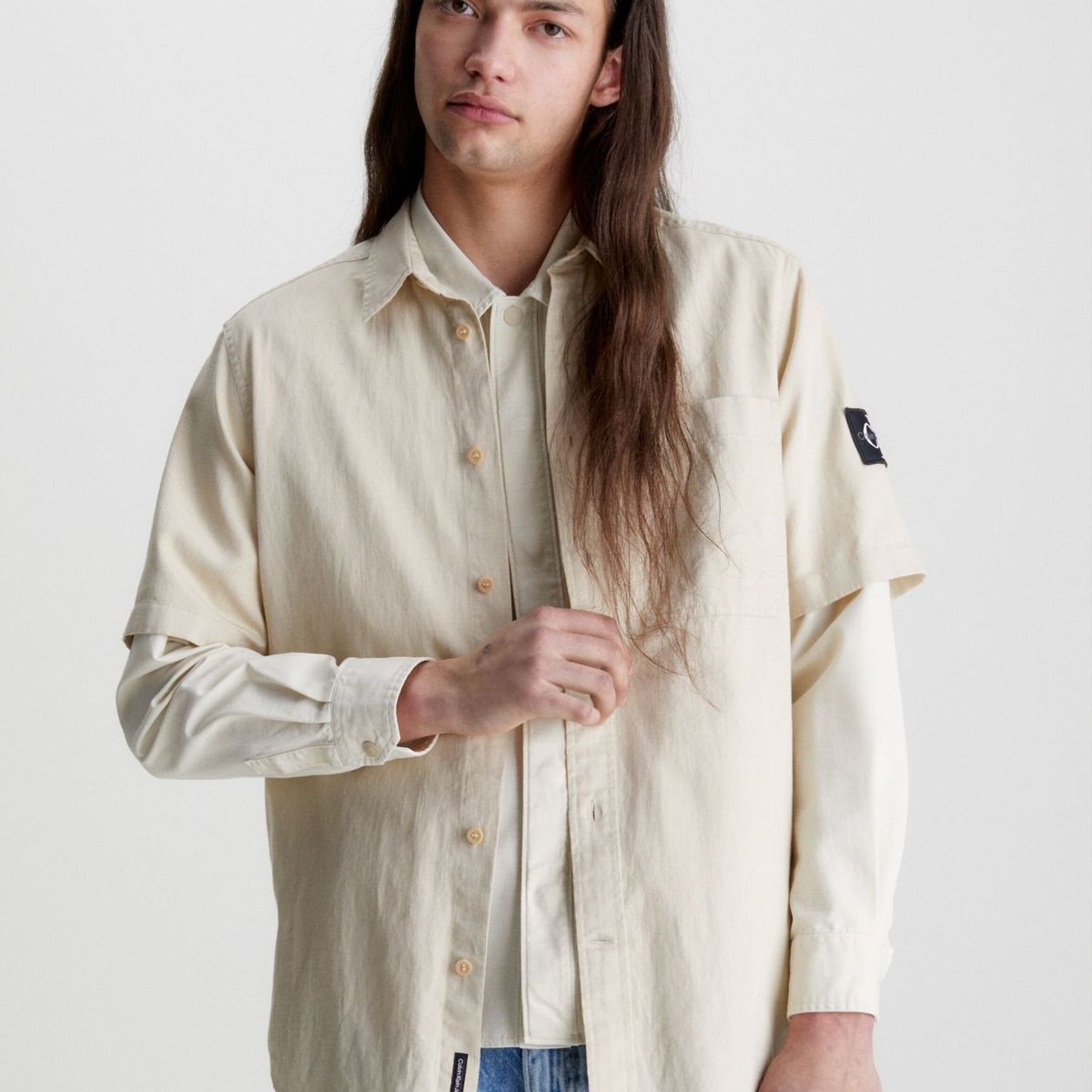 CALVIN KLEIN - Camisa Cotton Linen Beige Calvin Klein